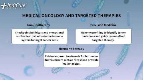 Infographic about medical oncology services, including immunotherapy, precision medicine through genome profiling, and hormone therapy.